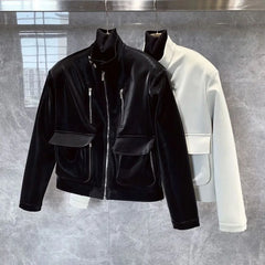 Threebooy Y2K Mens Leather Jacket Pocket Button Zipper Motorcycle Leather Jacket Autumn Casual Youth Trend Top Men's Korean Clothing