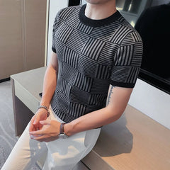 Threebooy British Short Sleeve Sweater Men Clothing Slim Fit O-Neck Homme Casual Knitted Pullovers Streetwear Plaid Knit Shirt S-4XL