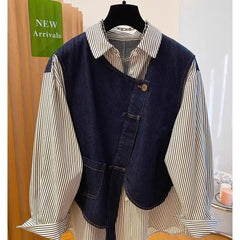 Threebooy American High Street Denim Spliced striped Shirt Long Sleeve Korean Version 2025 Fashion Trend Fake Two-piece Top Aesthetic