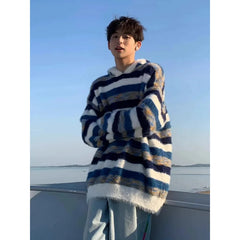 Threebooy American retro contrasting blue white striped hooded sweater casual lazy style knitted sweater top