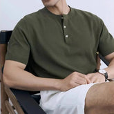 Threebooy New Fashion American Style Men T-shirt Luxury Striped Knitted Henry Collar Tees Casual Solid Color Short Sleeve Breathable Tops