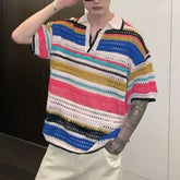 Threebooy Men Summer Fashion Vintage Rainbow Striped Hollow Polo Collar Knitted T Shirt Casual Streetwear Short Sleeve Loose Pullover Tops