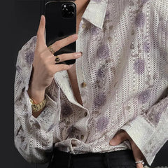 Threebooy Mens Shirts Floral Print Hollow Casual Shirts Streetwear Campus Beach Vacation Hawaiian Long Sleeve Tops Men'S Clothing