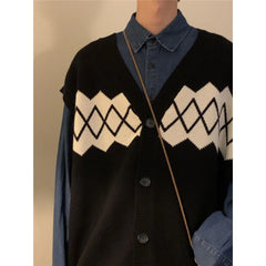 Threebooy Autumn New Preppy Vest American Retro Japan College Knitted Sweater Vest Jacket Men's Cardigan Diamond Embroidery Sweater Chic
