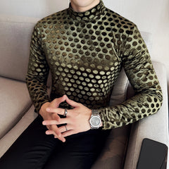 Threebooy Autumn Winter Polka Dot Velvet T-shirt for Men Long Sleeve Half High Neck Slim Fit Casual Base Shirt Business Social Tee Tops