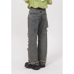 Threebooy 2024 Summer New Korean Edition Personalized Straight Barrel Broken Hole Beggar Casual Jeans men's for Men streetwear