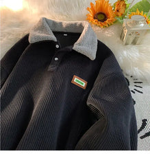 Threebooy Men's Corduroy Polo Shirt Sweater Women's Autumn Winter Fleece Thick Coat Turndown Collar Buttons Long Sleeves Warm Tops