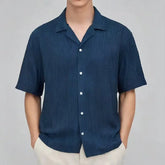 Threebooy Cuban Collar Design Hollowed Out Loose Shirts Men Summer Ice Silk Short Sleeved Knitted Lapel Shirt Casual Social Streetwear Top