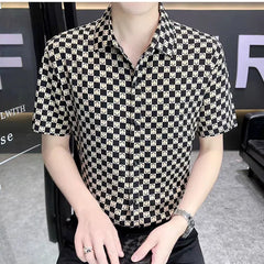 Threebooy Trend Versatile Summer New Thin Shirts Men Clothing Lapel Print Plaid Single Breasted Streetwear Fashion Slim Short Sleeve Tops