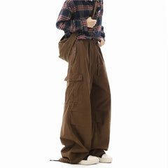 Threebooy Multi-pockets Cargo Pants Men Women Hip-hop Wide-leg Mopping Trousers Vintage Loose Casual Spring Couple Unisex Drawstring Pants