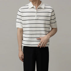 Threebooy Men's Clothing Light Luxury Business Striped Polo Shirt Casual Slim-fit Knitted Short Sleeve T-shirt High Quality Patchwork Tops