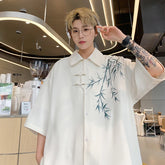 Threebooy Bamboo Embroidery Shirts Men Summer Male Handsome Chic Fashion Ins High Street Half-sleeve Cool Casual Baggy New Shirt 5XL-M
