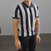 Threebooy New Chic Striped Polo Shirt Light Luxury Hollow Out Knitted T-shirts Korean Style Zipper Short Sleeve Tops Breathable Knitwear