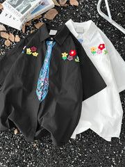 Threebooy Crayon Graffiti Tie Short Sleeve Shirt College Style Korean Style Fashion Floral Embroidered Shirt Design Niche Couple Blazer