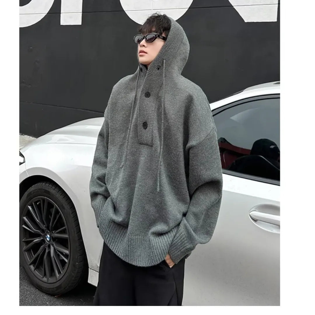 Threebooy Oversize Mens Knitted Hooded Sweatshirt Solid Color Casual Pullover Autumn Winter Comfortable Buttons Loose Lazy Sweater