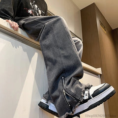 Threebooy Autumn Side Zipper Jean Pants New Fashion men streetwear Jeans Loose Straight Denim Pant Mens Vintage All-match Trousers