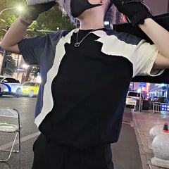 Threebooy Korean Fashion Spliced Round Neck T-shirt Summer Short Sleeve Hollow Casual T-shirt Streetwear Harajuku Hip Hop Tee Tops