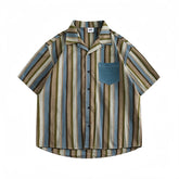 Threebooy Summer Short Sleeve Shirts Men Streetwear Vintage Striped Casual Shirt for Men Oversized Harajuku Color Block Cotton Blouse Male