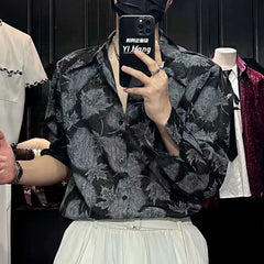 Threebooy Mens Shirt Maple Leaf Printed Sophisticated Casual Shirt Summer Fashion Modern Youth Dark Style Loose Thin Long Sleeve Top