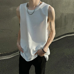 Threebooy Men's Leisure Knit Tank Tops Sleeveless Streetwear Solid Color Breathable Korean Popular Fashion Retro Loose Inner Clothes M-3XL