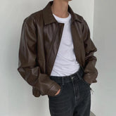 Threebooy Mens Autumn Winter Retro PU Leather Casual Loose Short Leather Jacket Men'S Handsome And Elegant British Jacket Tops