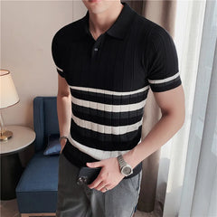 Threebooy British Style Men's Fashion Lce Silk Stripe Knitting POLO Shirts/Male Slim Fit Short Sleeve Leisure POLO Shirts S-3XL