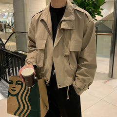 Threebooy Autumn Clothing Men's Luxury Jacket Casual Streetwear Turn-down Collar Pocket Korean Popular Harajuku Retro Long Sleeve Coat