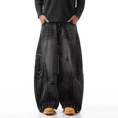 Threebooy Korean Retro Plus Size Ripped Jeans Men'S Wide Leg Curved Pants Fashionable Casual Loose Straight Leg Pants