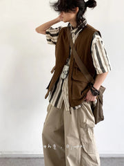 Threebooy New Summer Japanese Retro Work Suit Vest Men Women Korean Fashion College Style Loose Sports Casual Sleeveless Versatile Jacket