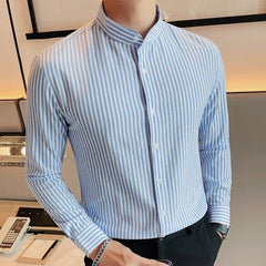 Threebooy New Naples Business Men Shirts Luxury Textured Stand Collar Striped Long Sleeve Cardigan Leisure Premium Commuter Blouse M-3XL