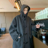 Threebooy Korean Streetwear Hooded Woolen Trench Coat Men Autumn Winter Preppy Mid-length Windbreaker High-end Horn Button Woolen Coat