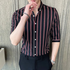 Threebooy Summer New Slim Fit 3/4 Sleeve Men Striped Shirt Korean Fashion Button Up Harajuku Blouse
