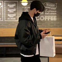 Threebooy Men's Hooded PU Leather Jackets High Street Patchwork Solid Color Double Zipper Baggy Male Short Coats Spring New