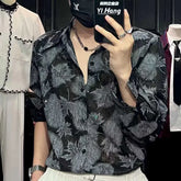 Threebooy Mens Shirt Maple Leaf Printed Sophisticated Casual Shirt Summer Fashion Modern Youth Dark Style Loose Thin Long Sleeve Top