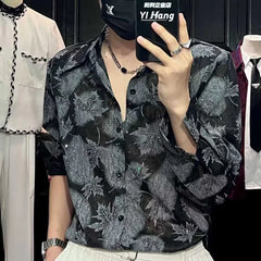 Threebooy Mens Shirt Maple Leaf Printed Sophisticated Casual Shirt Summer Fashion Modern Youth Dark Style Loose Thin Long Sleeve Top