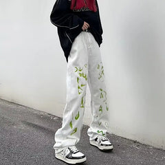 Threebooy Vibe Style Pants Graffiti Tie-dye Printed Jeans Men and Women Straight Trousers