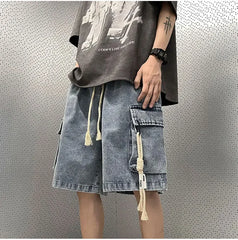 Cargo Shorts Men Denim Trousers Multi Pockets S-3XL Teens Hip Hop Washed Chic American Streetwear Fashion Elastic Waist Vintage