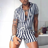 Threebooy Fashion Men Striped Rompers Short Sleeve Button Shorts Lapel Jumpsuit Drawstring Streetwear 2024 Casual Playsuit Hombre