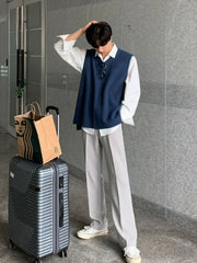 Threebooy V Neck Sweater Man Blue Waistcoat Jumpers Loose Knit Vests for Men High Quality Elegant Vintage Y2k Smooth Casual Korean Style