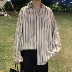 Threebooy Striped Loose Causal Long Sleeve Shirts Man Button Handsome Turn-down Collar Spring Autumn Office Men's Clothing Green