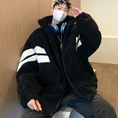 Threebooy Striped Berber Fleece Jacket Men Stand Collar Winter Parka Coat Men Casual Loose Thick Warm Jackets Man Plus Size 3XL-M