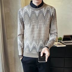 Threebooy Thick Warm Jacquard Fake Two-piece Sweater Men Long Sleeve Slim Casual Shirt Collar Knitted Pullover Fashion Knitwear Tops