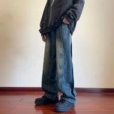 Threebooy Destroyed Stitching Jeans Men's Blue Washed Jeans Gothic Style Street Trend Clothing Retro Loose Wide Leg Pants straight jeans