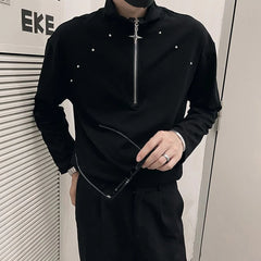 Threebooy Mens Sweatshirt Metal Decoration Rivet Shirt Autumn Fashion Streetwear Personality All-Match Long-Sleeved Top Men'S Clothing