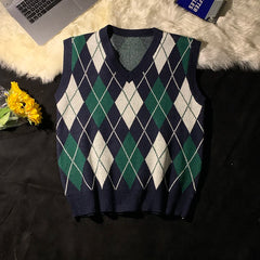 Threebooy Spring Autumn Diamond Grid Candle Knitted Vest Men Women Loose Pullover Retro Outer Sleeveless Sweater Vest Aesthetic