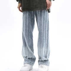 Threebooy Y2K Streetwear Striped Baggy Stacked Jeans Pants For Men Clothing Washed Blue Straight Loose Denim Trousers Pantaloni Uomo