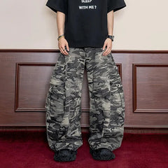 Threebooy American Street Fashion Retro Trousers For Boys Spring And Autumn New Loose Casual Multi-Pocket Workwear Wide-Leg Pant Men