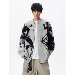 Korean men's sweater Imitation mink wool cardigan sweater 2025 Autumn Winter New Tie dye jacquard cardigan knitted sweater