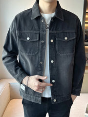 Threebooy Men's Denim Jackets with 6 Pockets Korean Fashion Black Blue Slim Fit Casual Jean Cargo Coat 2025 Autumn New for Dailywear