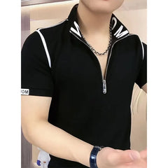 Threebooy Trendy Men's Short-sleeved Stand-up Collar Zipper Front Shoulder Contrast T-shirt Polo Shirt Light Luxury Summer Mint